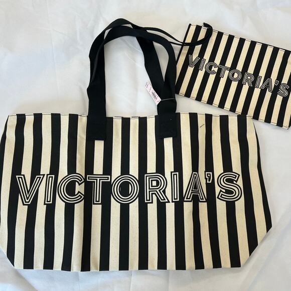 Victoria's Secret Pink Tote Weekender Bag Black Off White Vertical Stripe Canvas - Picture 1 of 5